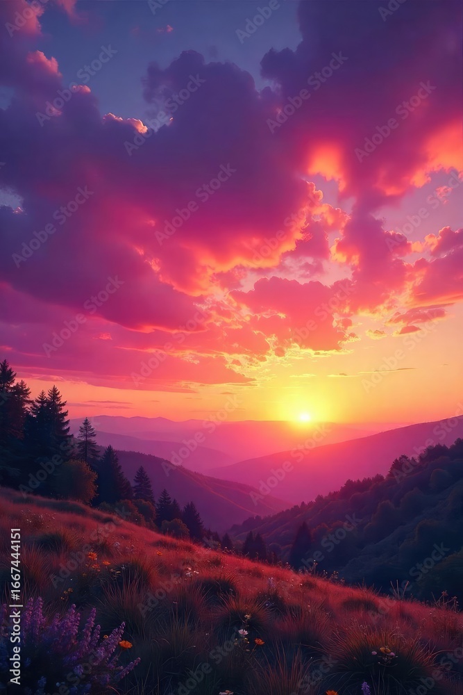 Fototapeta premium Vibrant Sunrise Paints Tranquil Landscape with Breathtaking Hues of Orange, Pink, and Purple - Perfect for Travel, Nature, and Serenity Projects