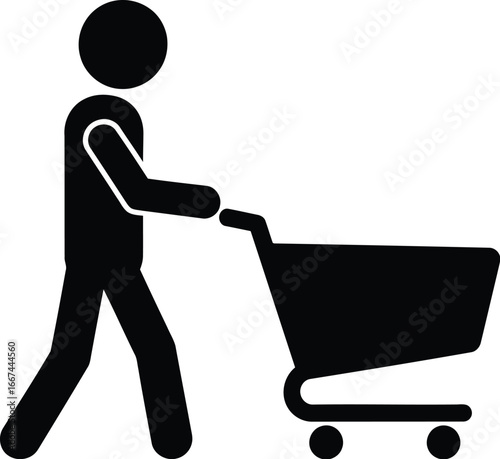 Vector art of a stick figure man pushing a shopping cart, representing retail, commerce, and consumerism in a simple graphic