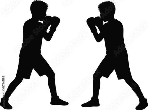 Silhouette of two boxers fighting, boxing training, martial arts practice, sports competition, fitness exercise, athlete sparring, combat sport, workout illustration