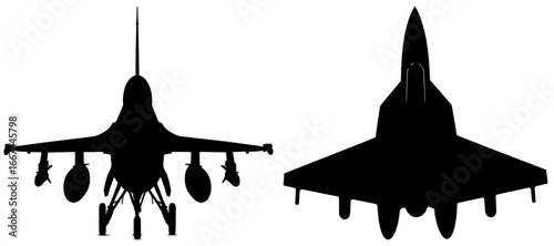 Silhouettes of Fighter Jets in Flight, Black Color Isolated on White Background