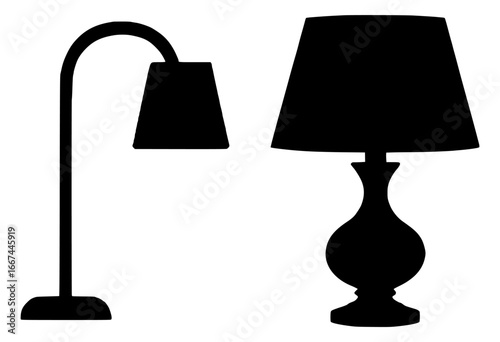Silhouettes of Two Desk Lamps, Black Color Isolated on White Background