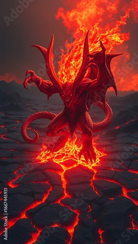 Fiery Demon Character on Red Lava