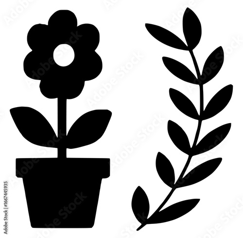 Silhouettes of flower and plant, black color isolated on white background