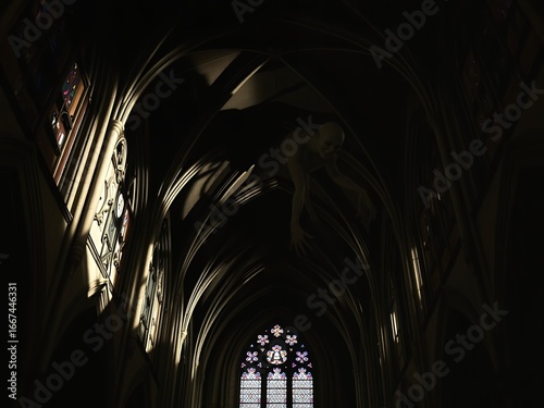 Gothic Cathedral Interior at Dusk - Narrow Aisle and High Arched Vaults