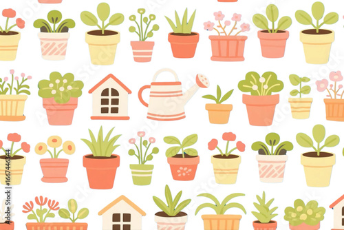 Home gardening lifestyle pattern with plants, pots, watering cans.