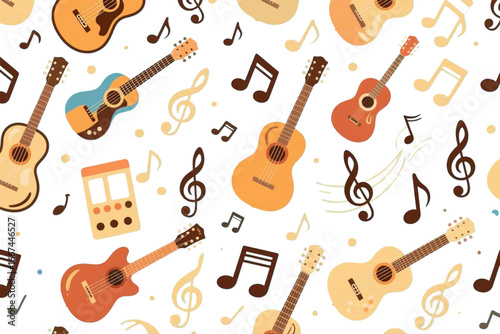 Seamless pattern of musical instruments and notes.