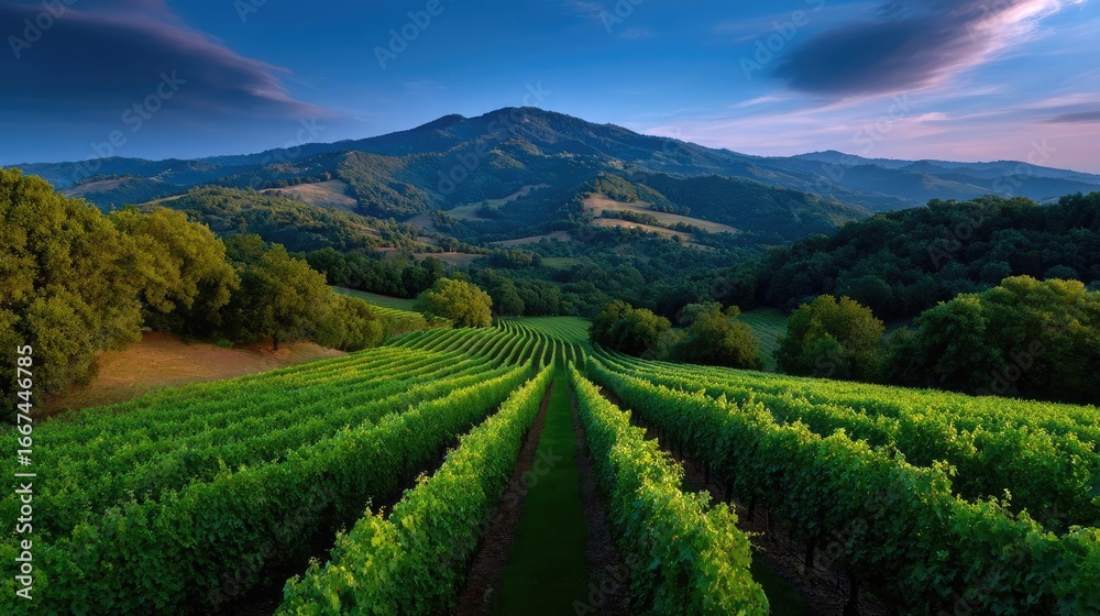Fototapeta premium Green field with vineyard rows for harvesting concept. A stunning vineyard landscape under a dramatic evening sky.