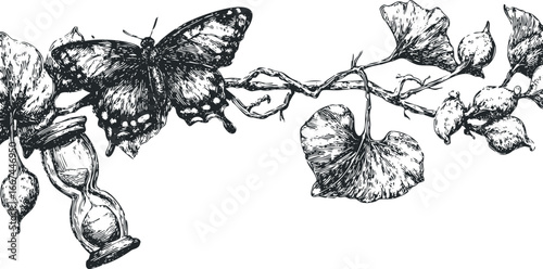 Detailed sketch of a butterfly resting on a branch with ginkgo leaves and an hourglass