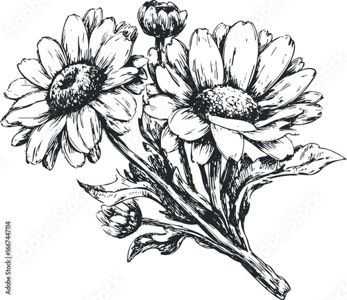 Hand drawn sketch of blooming daisies with leaves and buds