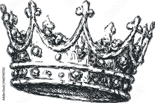 Ink drawing of a regal crown with ornate detailing and pointed peaks