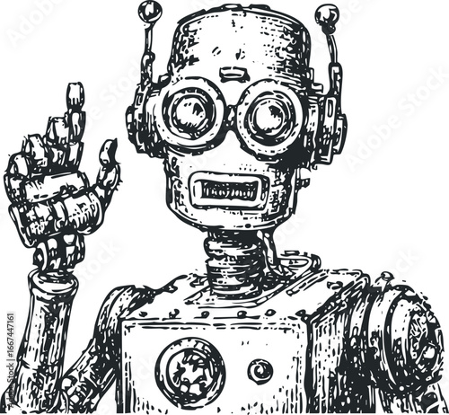 Antique robot raising finger with detailed gears and mechanical arm