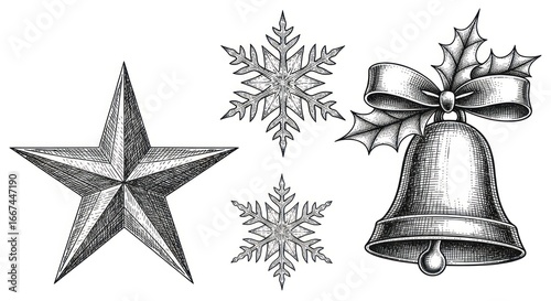 Intricate Hand-Drawn Christmas Icons: Star, Snowflakes, & Bell with Holly
