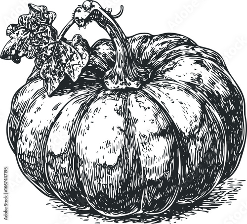 Detailed Black and White Sketch of a Ripe Pumpkin with Leaves