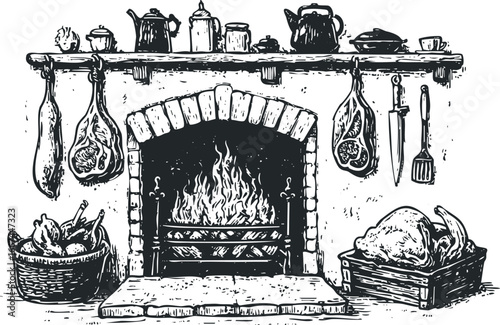 Rustic kitchen scene with fireplace, hanging meats, and food in baskets