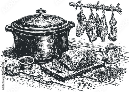 Sketch of hanging cured meats, large Dutch oven, and raw meat on a wooden table