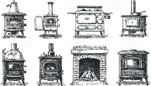 Collection of vintage wood-burning stoves and fireplace with logs