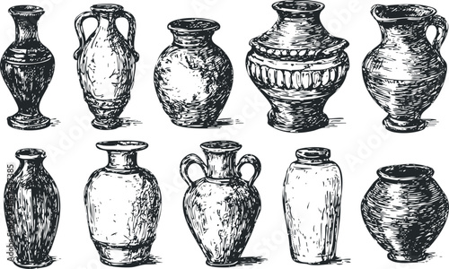 Collection of Ancient Ceramic Vases Drawn in Sketch Style