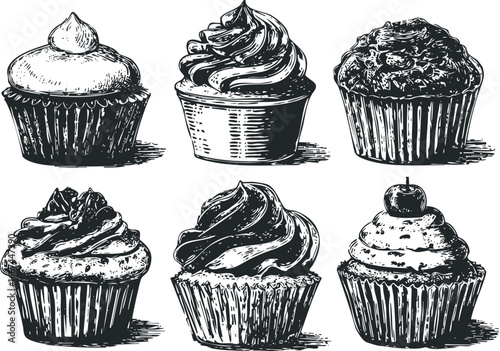 Six assorted cupcakes with swirled frosting and detailed liners