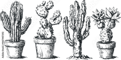 Four potted succulent plant varieties in a sketch style