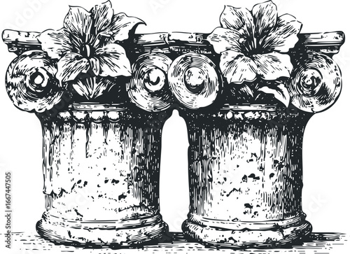 Ornate classical column capital adorned with blooming flowers