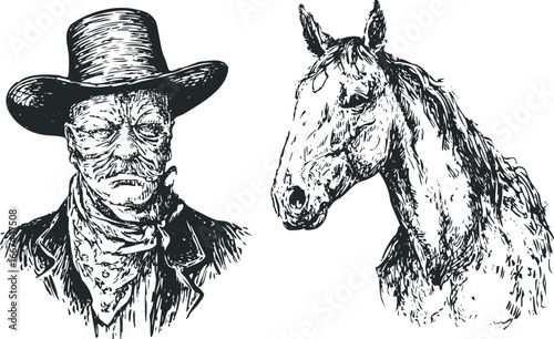 Man in Hat with Horse Portrait Sketch Black and White