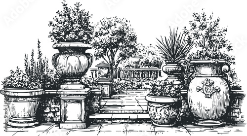 Ornate Urns and Lush Plants Line a Stone Pathway in a Garden Setting