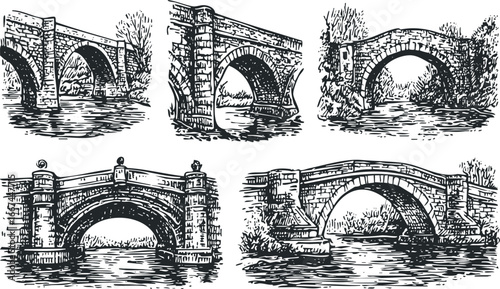 Collection of five antique stone arch bridges over water with surrounding foliage