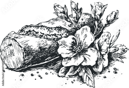 Wood log with blooming flowers and buds sketch