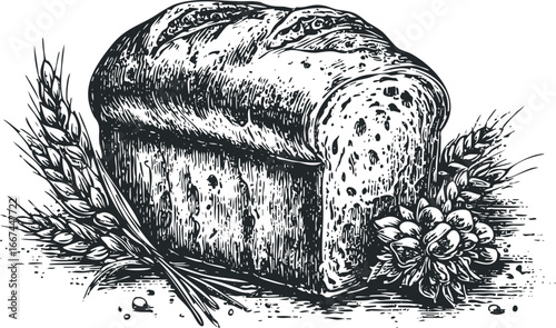Hand Drawn Loaf of Bread with Wheat Stalks and Grains