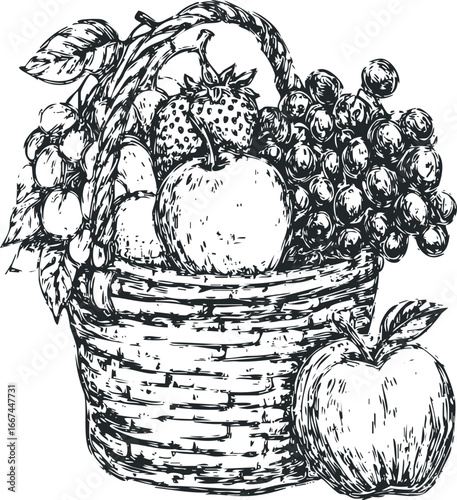 Sketch of ripe fruit in woven basket with one apple outside