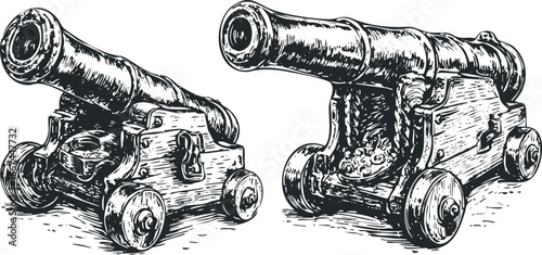 Two Vintage Cannons on Wooden Carriages in a Stylized Engraving Style