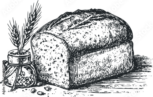 Rustic loaf of bread with wheat stalks in a jar