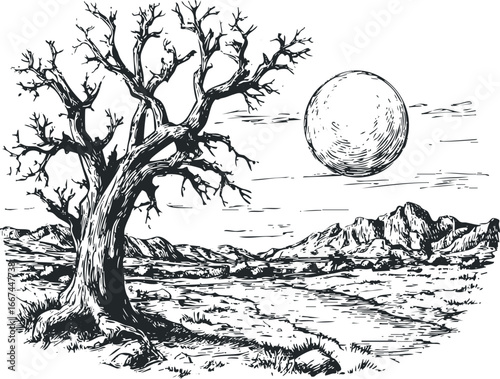 Desolate landscape with bare tree and large orb under cloudy sky