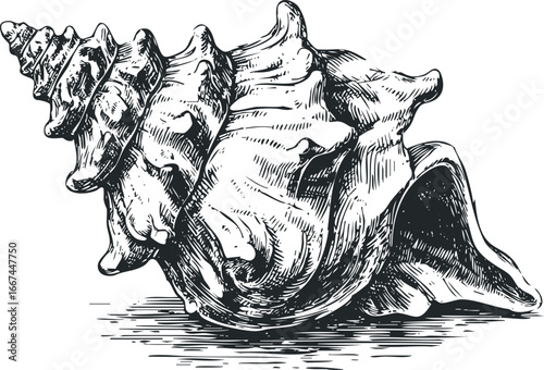 Detailed Etching of a Large Spiral Seashell on a White Background