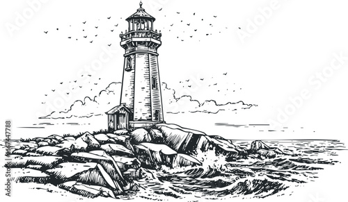 Seascape with Lighthouse on Rocky Shore and Birds Flying Overhead