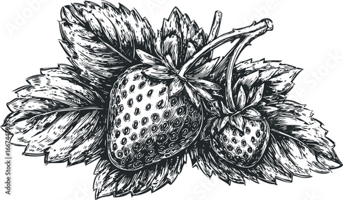 Detailed line art drawing of two ripe strawberries with leaves and stem