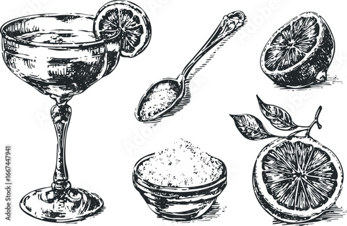 Sketch of a stemmed glass with cocktail, lemon slices, and a bowl of granulated sugar