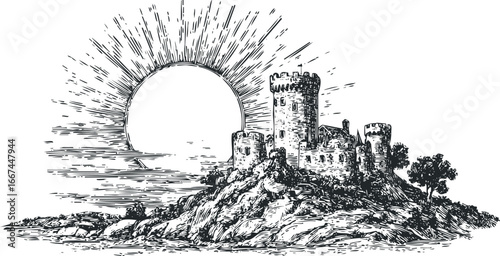 Medieval fortress atop rocky hill with stylized sunburst behind