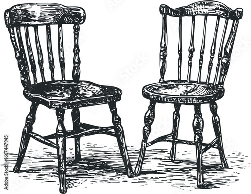 Two Vintage Wooden Chairs in Stylized Drawing on White Background