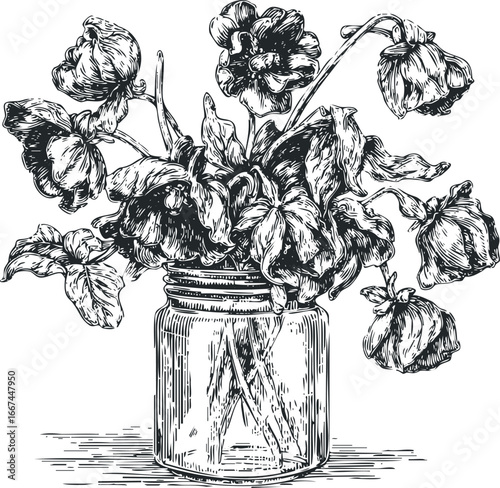 Wilted flowers in a glass jar vintage etching style