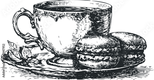 Sketch of Beverage Cup with Macarons and Leaves on Saucer