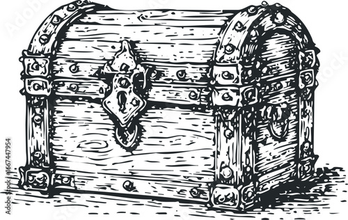 Antique wooden treasure chest with metal clasps and rivets