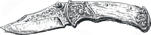 Engraved Folding Knife with Ornate Handle