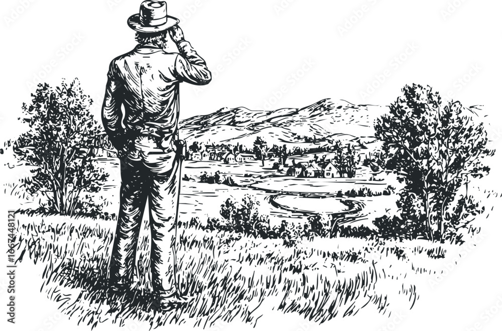 Obraz premium Man wearing a hat looks over a rural landscape with hills and a village