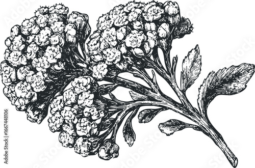 Vintage botanical drawing of a flowering yarrow plant with textured inflorescence and leaves