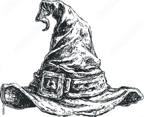 Sketch of a Worn Pointed Witch Hat with Buckle