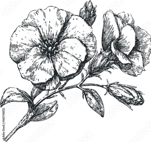 Detailed Ink Sketch of Blooming Flowers and Buds