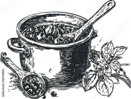 Still life of pot with stew and spoons with herb garnish
