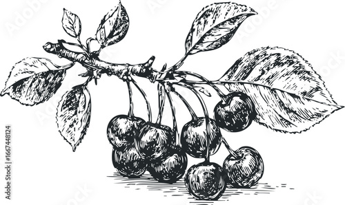 Sketch of a Cherry Branch with Leaves and Ripe Fruit
