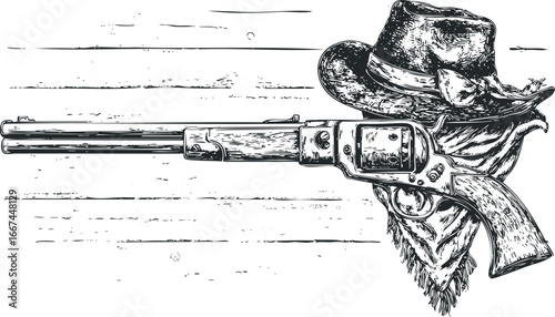 Western cowboy hat and revolver on wooden surface